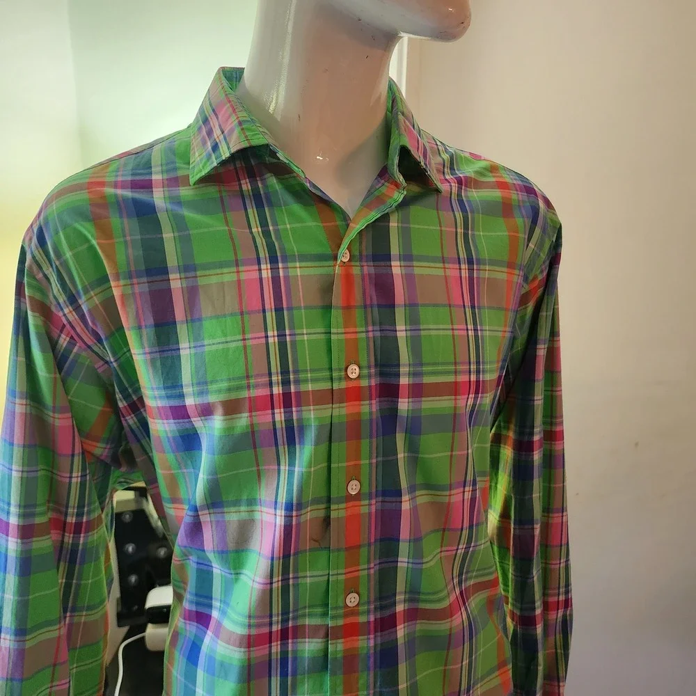 Polo Ralph Lauren Stanton Custom Fit Plaid Shirt Mens XXL Green Pink Multi Color